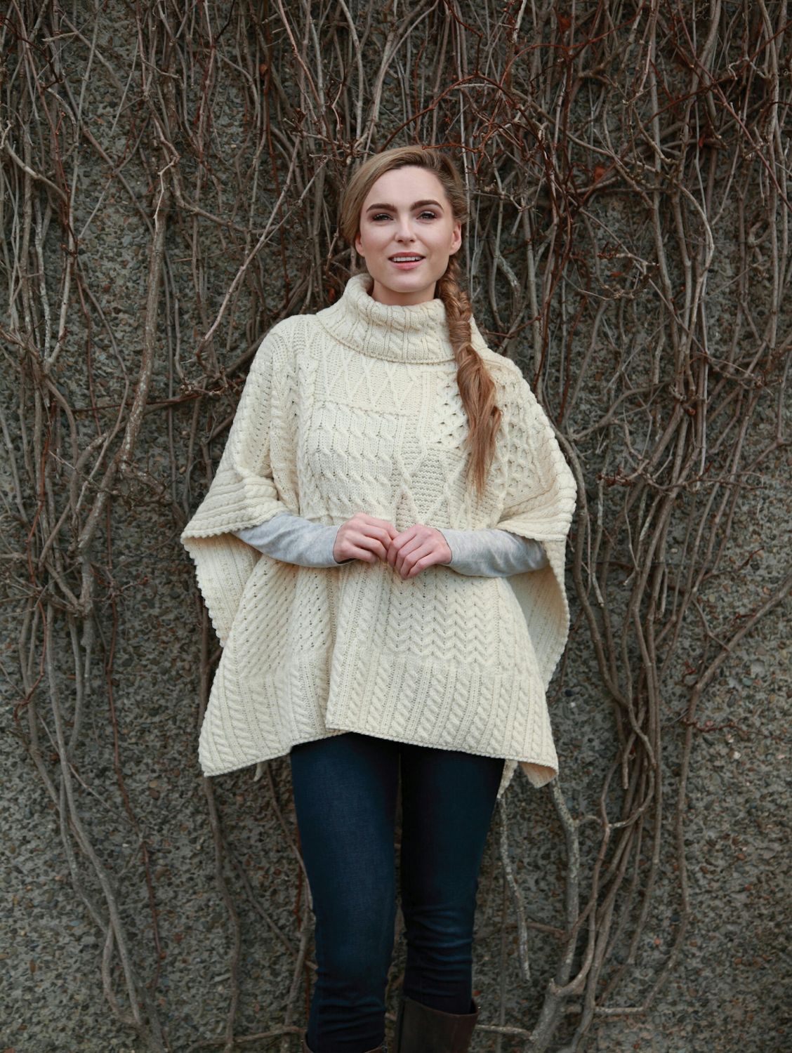 Oversized Turtleneck Poncho with Intricate Patterns Aran Islands Knitwear