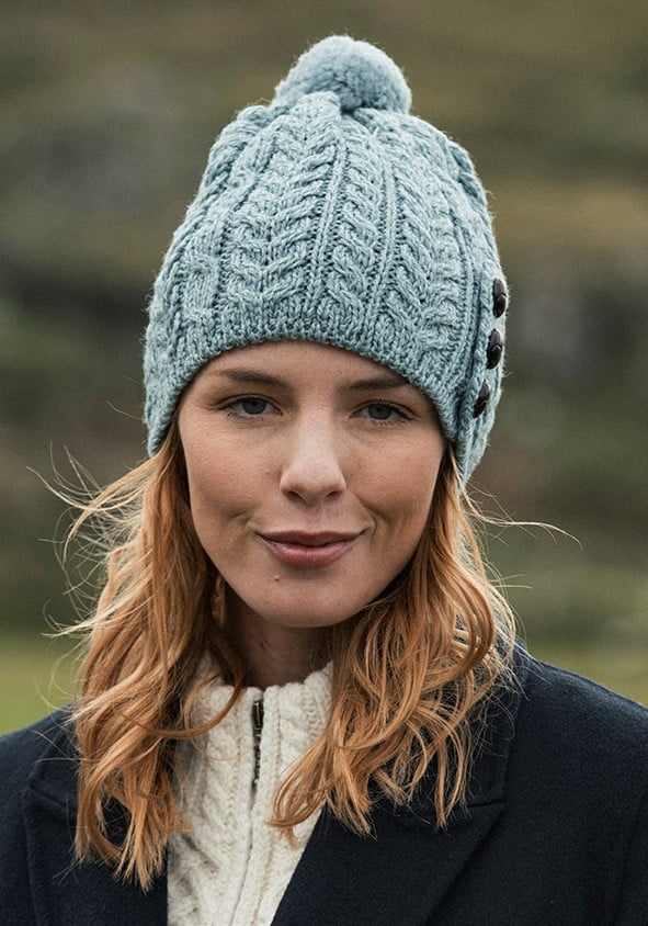 Elegant Cable Knit Hat with Traditional Buttons Aran Islands Knitwear